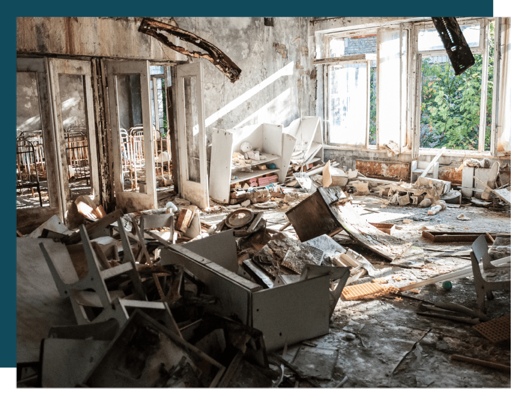 A room that has been demolished and broken.