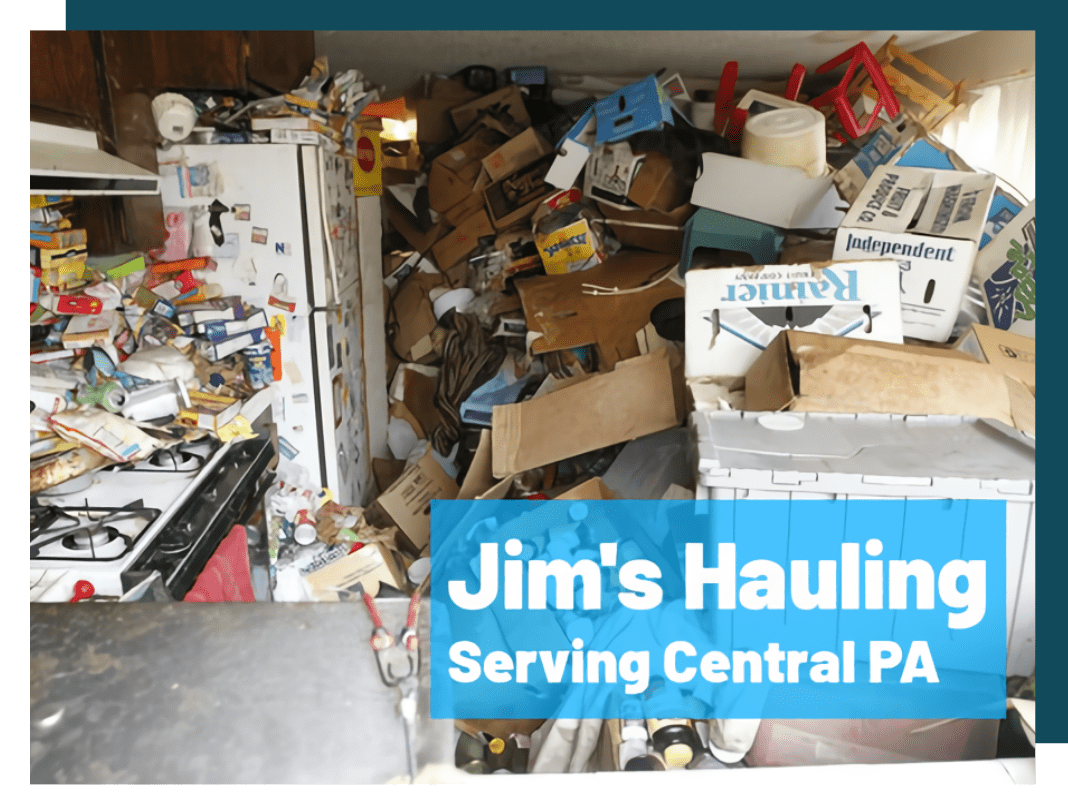 A junk pile with the words " jim 's hauling " on it.