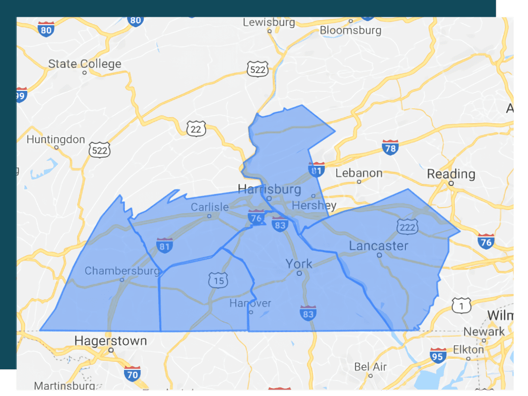A map of the state of pennsylvania with blue areas.